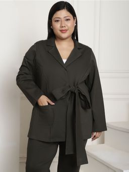 theRebelinme - Plus Size Womens Olive Solid Color Tie Up Tailored Blazer
