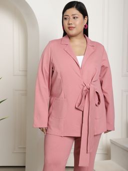 theRebelinme - Plus Size Womens Pink Solid Color Tie Up Tailored Blazer