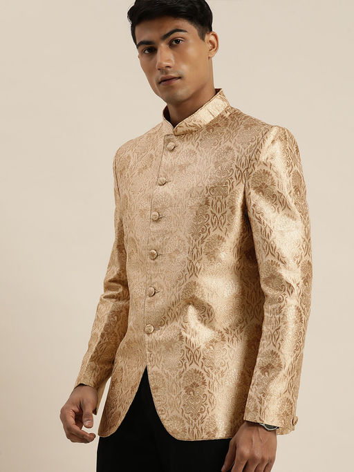Vastramay Mens Rose Gold Jacquard Woven Jodhpuri