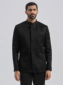 Vastramay - Mens Black Silk Blend Sequined Embroidered Bandhgala Jodhpuri