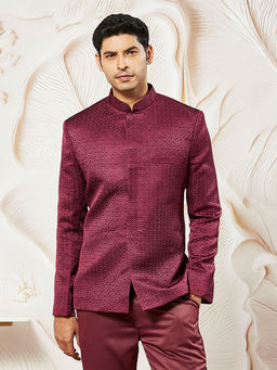 Vastramay - Mens Maroon Silk Blend Sequined Embroidered Bandhgala Jodhpuri