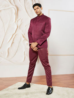 Vastramay - Mens Maroon Silk Blend Sequined Embroidered Bandhgala Jodhpuri with Pant (Set of 2)