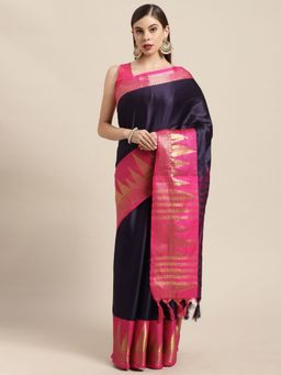 Vastranand - Navy Blue & Pink Solid Zari Silk Blend Banarasi Saree with Unstitched Blouse