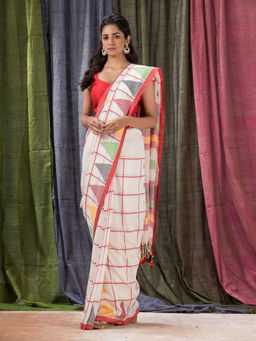 Angoshobha - White Traditional Jamdani Cotton Saree with Unstitched Blouse