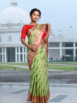 Beatitude - Green Blended Silk Woven Zari Work Saree with Unstitched Blouse