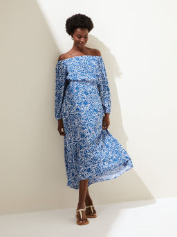Marks & Spencer - Blue Printed Bardot Midi Dress