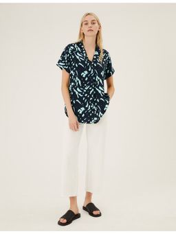Marks & Spencer - Navy Printed Short Sleeve Popover Blouse
