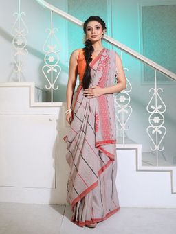 CHARUKRITI - Grey Cotton Handspun Saree with Stripes and Nakshi Pattern with Unstitched Blouse