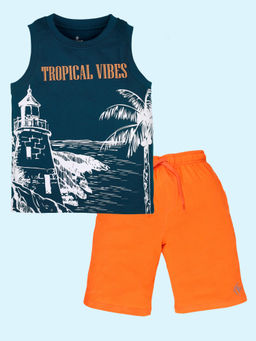 KiddoPanti - Boys Navy Blue Cotton Sleeveless Printed T-Shirt & Shorts (Set of 2)