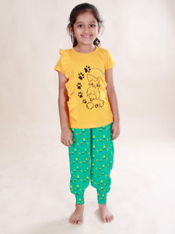 KiddoPanti - Girls Green Stay Pawsitive Printed T-Shirt & Pant (Set of 2)