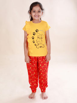 KiddoPanti - Girls Red Stay Pawsitive Printed T-Shirt & Pant (Set of 2)