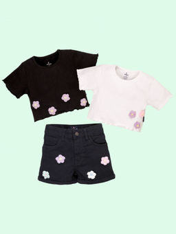 KiddoPanti - Girls Cotton 3D Crochet Flower T-Shirt & Denim Shorts (Set of 3)