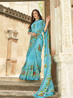 Odette - Aqua Blue Georgette Floral Printed Saree with Unstitched Blouse