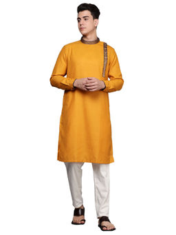 Manyavar - Mens Blended Viscose Self Design Casual Kurta (Gold)