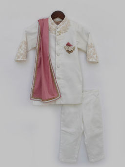 Fayon Kids - Off White Ajkan with Stole and Pant (Set of 3)