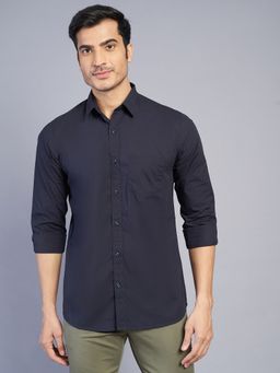 JadeBlue - Men Navy Blue Cotton Solid Slim Fit Casual Shirt