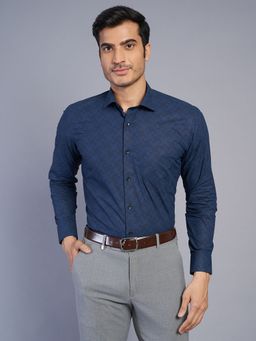 Greenfibre - Men Blue Cotton Blend Printed Slim Fit Formal Shirt