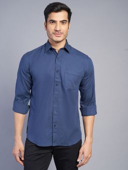 JadeBlue - Men Navy Blue Cotton Solid Slim Fit Casual Shirt