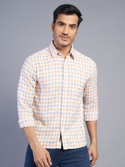 JadeBlue - Men Orange Pure Cotton Checks Slim Fit Casual Shirt