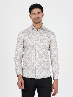 JB Studio - Men Cream Cotton Printed Slim Fit Casual Shirt