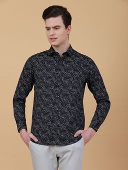 Greenfibre - Men Navy Blue Cotton Printed Slim Fit Casual Shirt