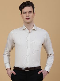 Greenfibre - Men Beige Cotton Blend Printed Slim Fit Formal Shirt