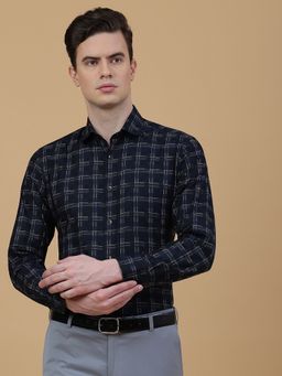 Metal - Men Navy Blue Cotton Checks Slim Fit Formal Shirt