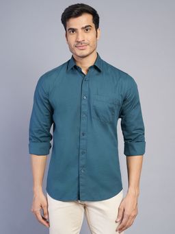 JadeBlue - Men Blue Pure Cotton Solid Slim Fit Casual Shirt