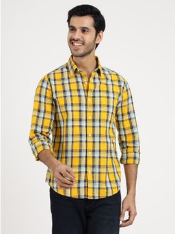 Greenfibre - Men Yellow Cotton Checks Regular Fit Casual Shirt