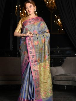 Beatitude - Blue Handwoven Desi Tussar Banarasi Saree with Unstitched Blouse