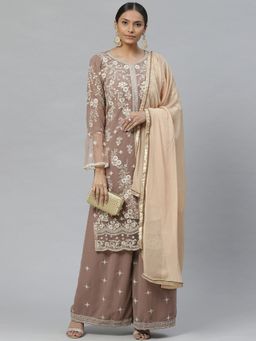 Readiprint - Brown Georgette Unstitched Dress Material (Set of 3)