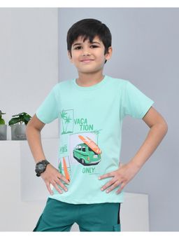 YOUMAA - Boys Cotton Graphic Half Sleeve Round Neck Mint Green T-Shirt