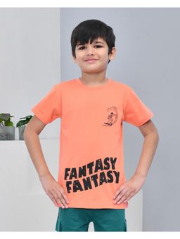 YOUMAA - Boys Cotton Graphic Half Sleeve Round Neck Orange T-Shirt