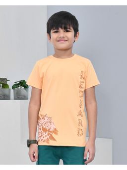 YOUMAA - Boys Cotton Printed Half Sleeve Round Neck Buff Orange T-Shirt