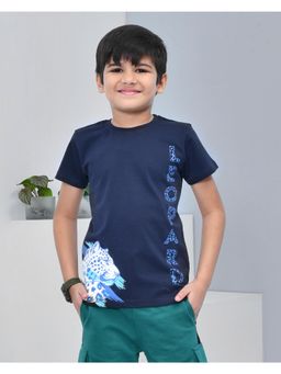 YOUMAA - Boys Cotton Printed Half Sleeve Round Neck Navy Blue T-Shirt
