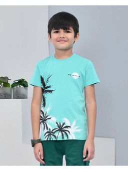 YOUMAA - Boys Cotton Printed Half Sleeve Round Neck Aqua Green T-Shirt