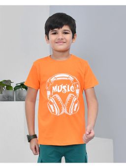 YOUMAA - Boys Cotton Printed Half Sleeve Round Neck Orange T-Shirt