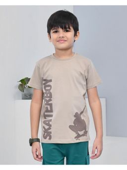 YOUMAA - Boys Cotton Printed Half Sleeve Round Neck Trench Grey T-Shirt