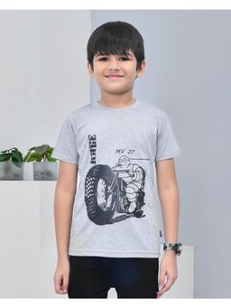 YOUMAA - Boys Cotton Printed Half Sleeve Round Neck Light Grey T-Shirt