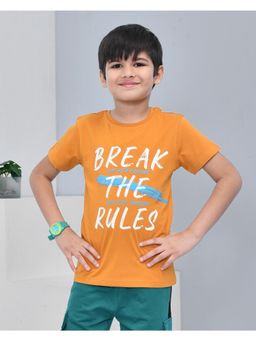 YOUMAA - Boys Cotton Typography Half Sleeve Round Neck Mustard T-Shirt