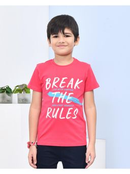 YOUMAA - Boys Cotton Typography Half Sleeve Round Neck Raspberry Pink T-Shirt