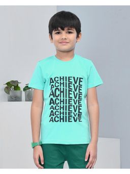 YOUMAA - Boys Cotton Typography Half Sleeve Round Neck Aqua Green T-Shirt