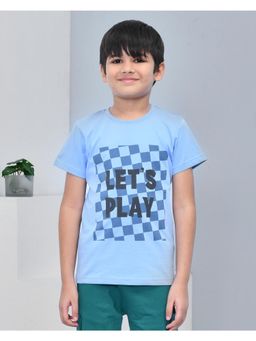YOUMAA - Boys Cotton Typography Half Sleeve Round Neck Light Blue T-Shirt