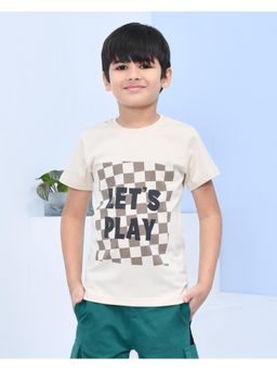 YOUMAA - Boys Cotton Typography Half Sleeve Round Neck Beige Tofu T-Shirt