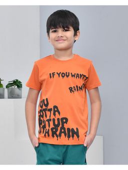 YOUMAA - Boys Cotton Typography Half Sleeve Round Neck Orange T-Shirt