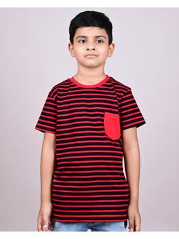 YOUMAA - Boys Cotton Stripes Half Sleeve Round Neck Red T-Shirt