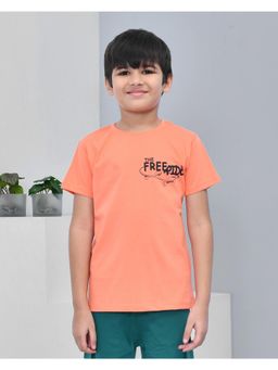 YOUMAA - Boys Cotton Printed Half Sleeve Round Neck Peach Orange T-Shirt