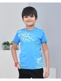 YOUMAA - Boys Cotton Typography Half Sleeve Round Neck Malibu Blue T-Shirt