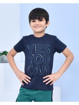 YOUMAA - Boys Cotton Typography Half Sleeve Round Neck Navy Blue T-Shirt