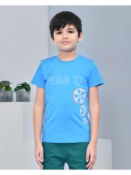 YOUMAA - Boys Cotton Printed Half Sleeve Round Neck Malibu Blue T-Shirt